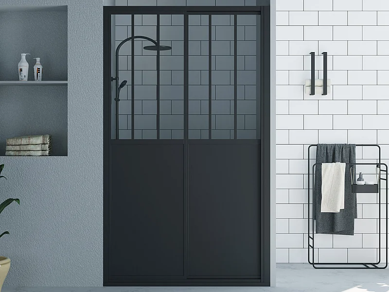 Porte de douche coulissante noir mat style atelier - 140 x 195 cm - URBANIK