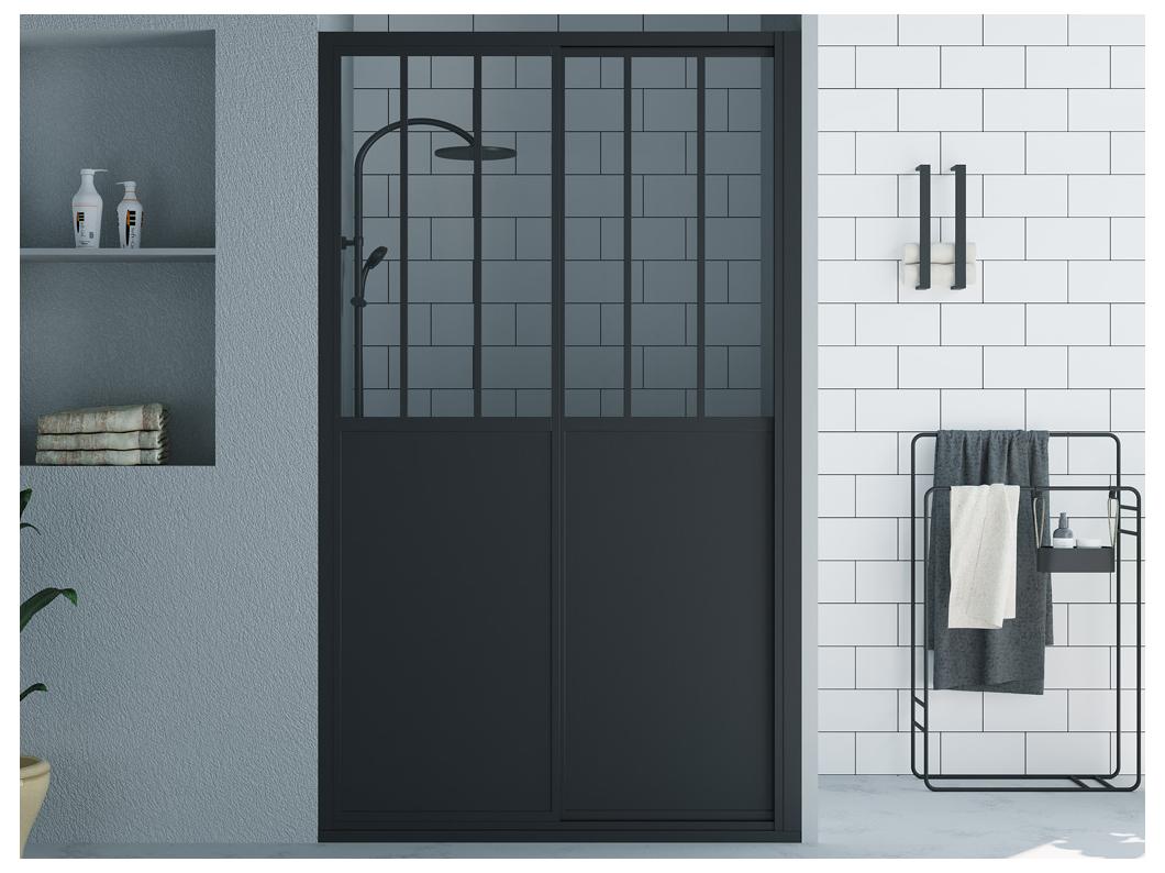 Porte de douche coulissante noir mat style atelier - 140 x 195 cm - URBANIK