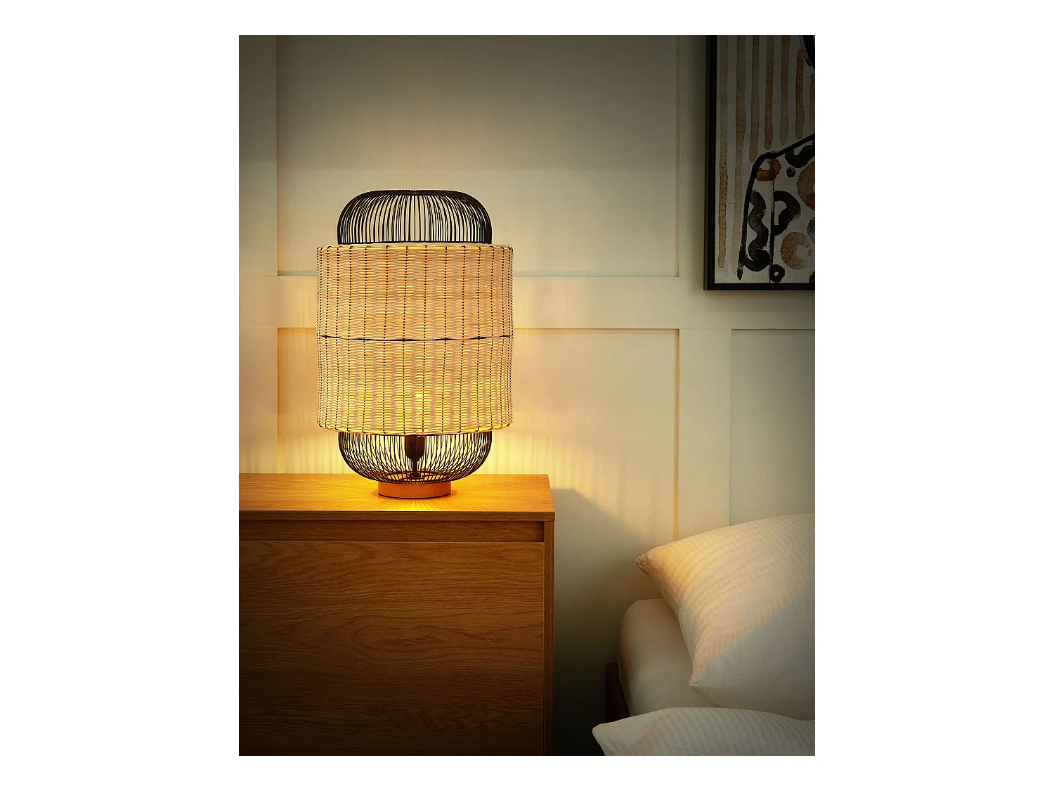 Tischlampe Rattan natürlich beige Metall schwarz Laternenform 55 cm Tanganyika