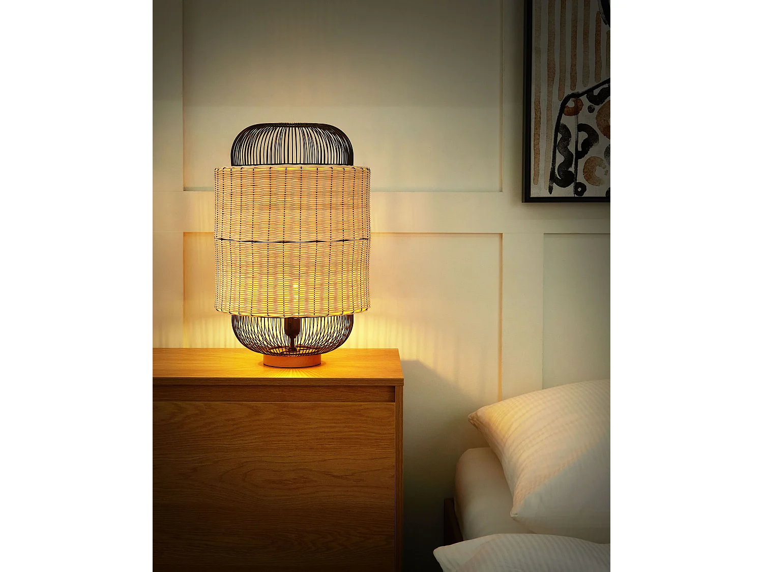 Tischlampe Rattan natürlich beige Metall schwarz Laternenform 55 cm Tanganyika