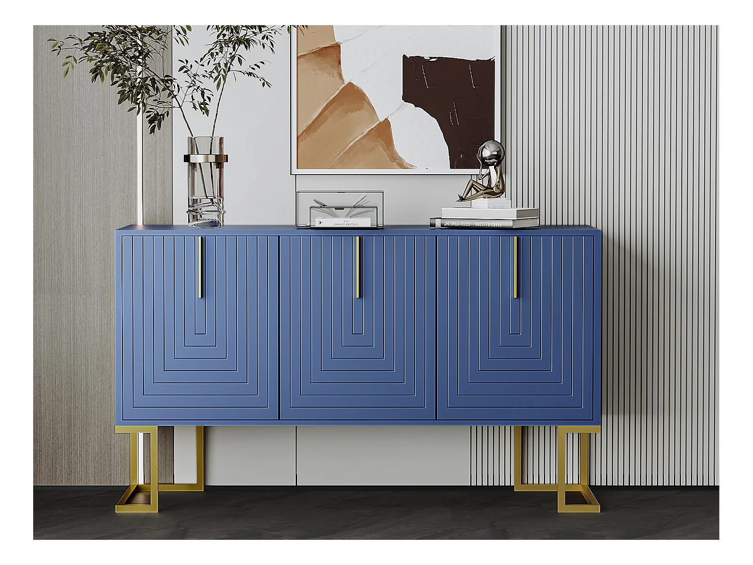 Buffet moderne avec étagères réglables - 3 portes à motif de U - poignées et base en métal - Bleu