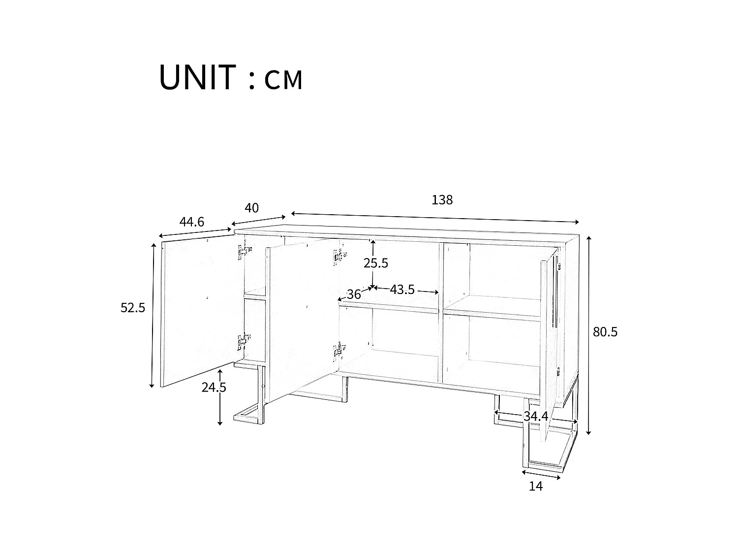 Aparador moderno con estantes regulables - 3 puertas en forma de U - tiradores y base de metal - Azul