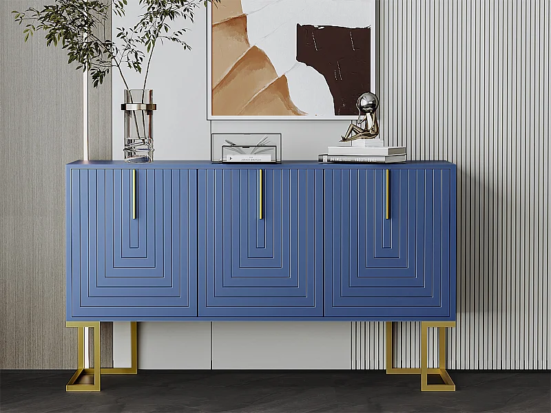 Credenza moderna con ripiani regolabili - 3 ante a U - maniglie e base in metallo - Blu
