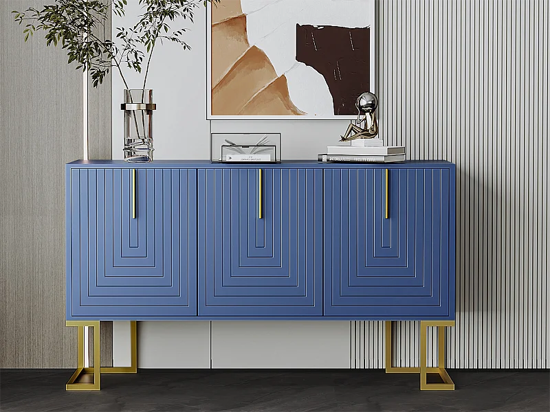Modernes Sideboard mit verstellbaren Einlegeböden – 3 U-förmige Türen – Griffe und Sockel aus Metall – Blau