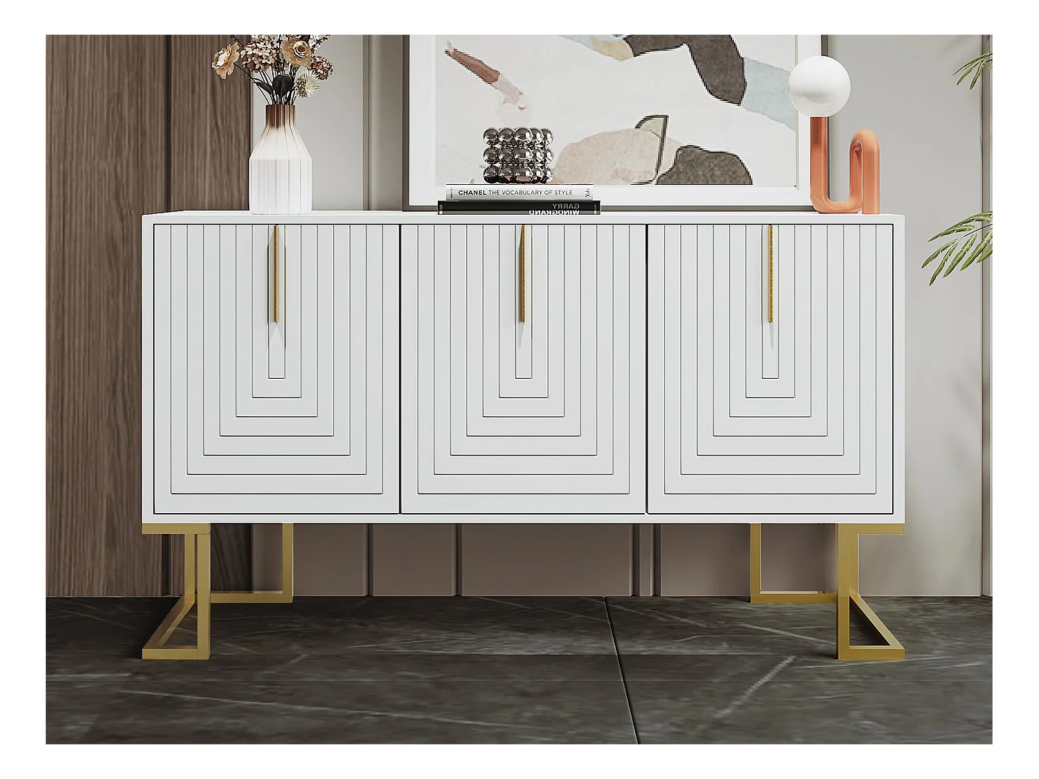 Buffet moderne avec étagères réglables - 3 portes à motif de U - poignées et base en métal - Blanc