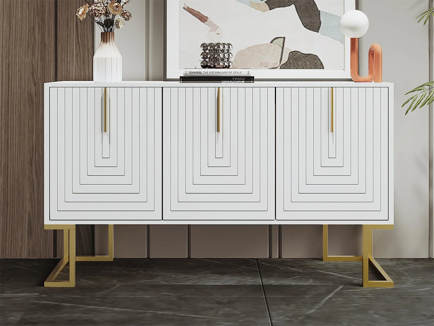 Modernes Sideboard mit verstellbaren Einlegeböden – 3 U-förmige Türen – Griffe und Sockel aus Metall – Weiß