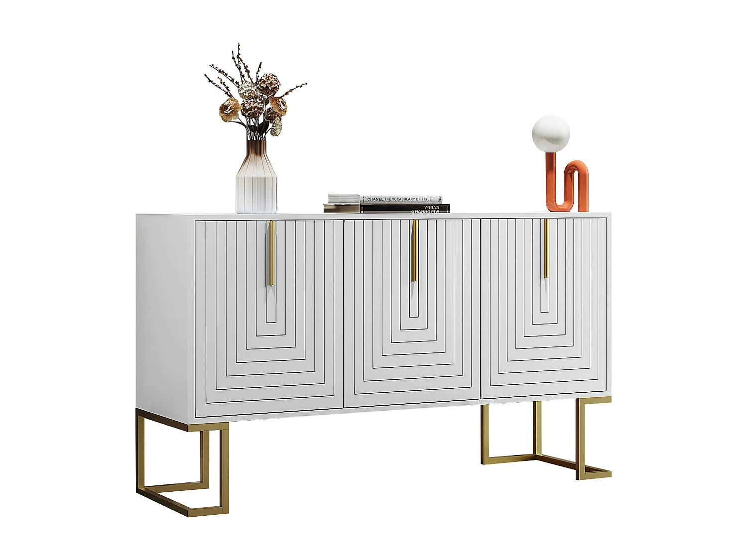 Modernes Sideboard mit verstellbaren Einlegeböden – 3 U-förmige Türen – Griffe und Sockel aus Metall – Weiß