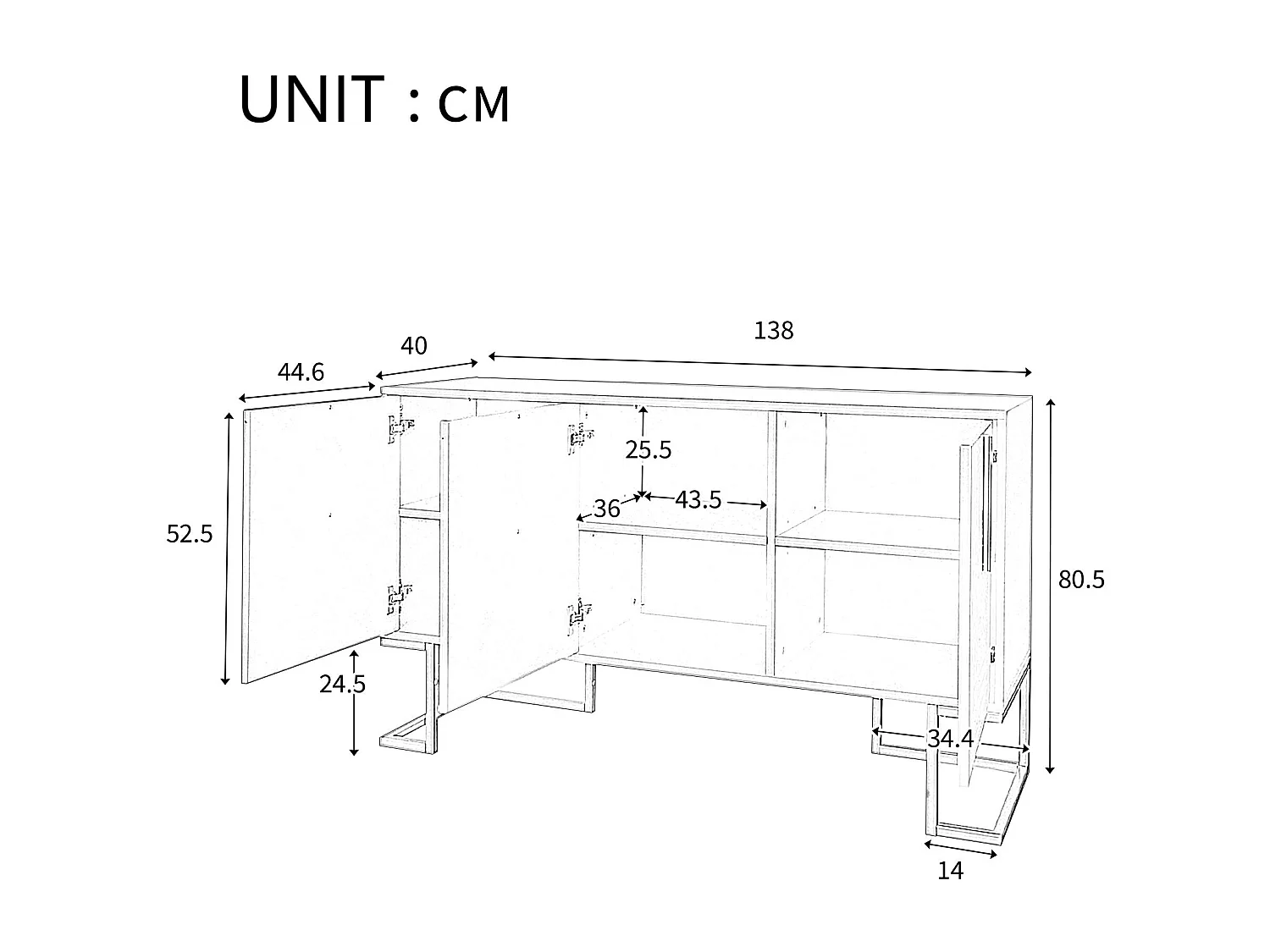 Modernes Sideboard mit verstellbaren Einlegeböden – 3 U-förmige Türen – Griffe und Sockel aus Metall – Weiß