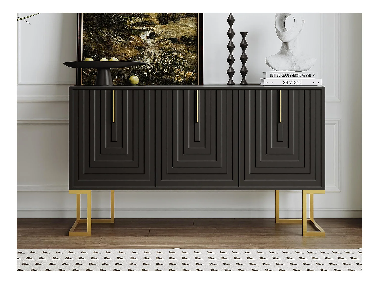 Buffet moderne avec étagères réglables - 3 portes à motif de U - poignées et base en métal - Noir