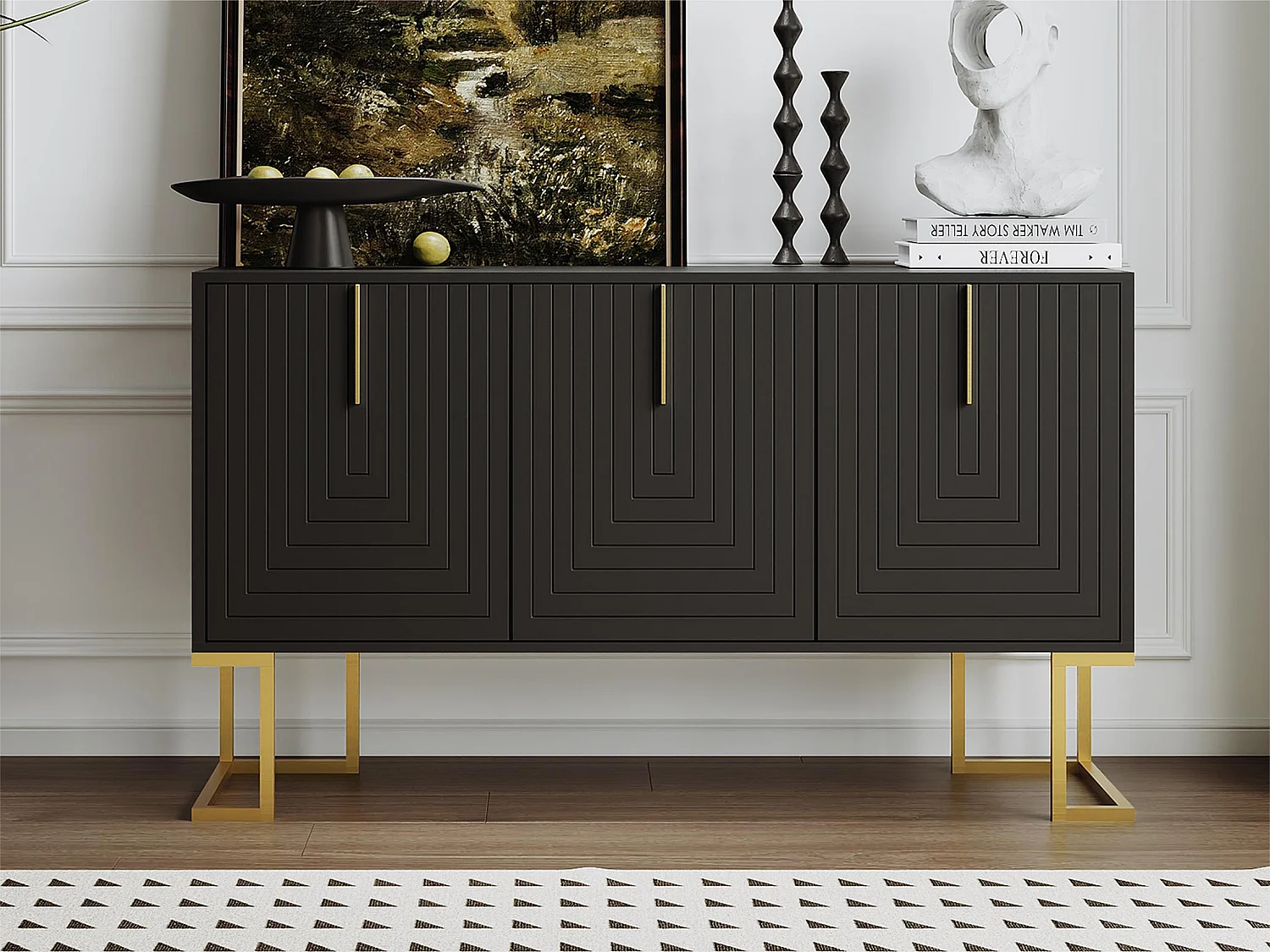 Modern dressoir met verstelbare planken - 3 U-vormige deuren - metalen handgrepen en onderstel - Zwart