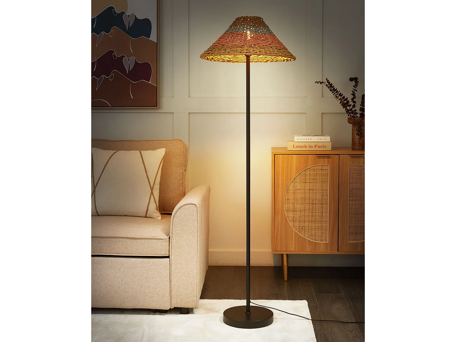 Stehlampe Papierschnur schwarz / beige 150 cm Boho Stil Kyoga