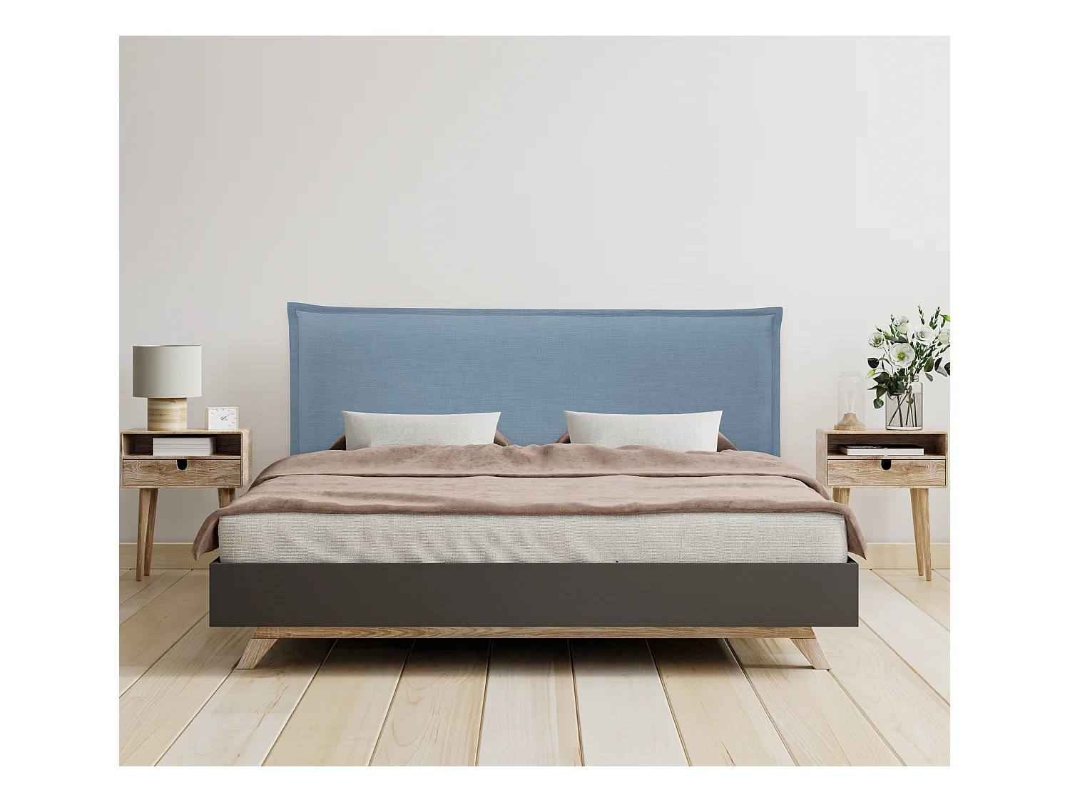 DHOME Tête de lit en lin naturel lisse avec garniture 150x105cm avec pieds Lits 150 - Bleu