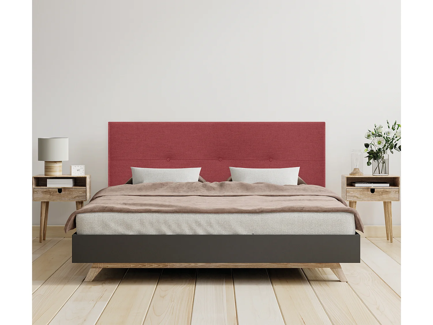 DHOME Tête de lit en lin naturel avec Boutons 145x105cm avec pieds Lits 135/140 - Rouge