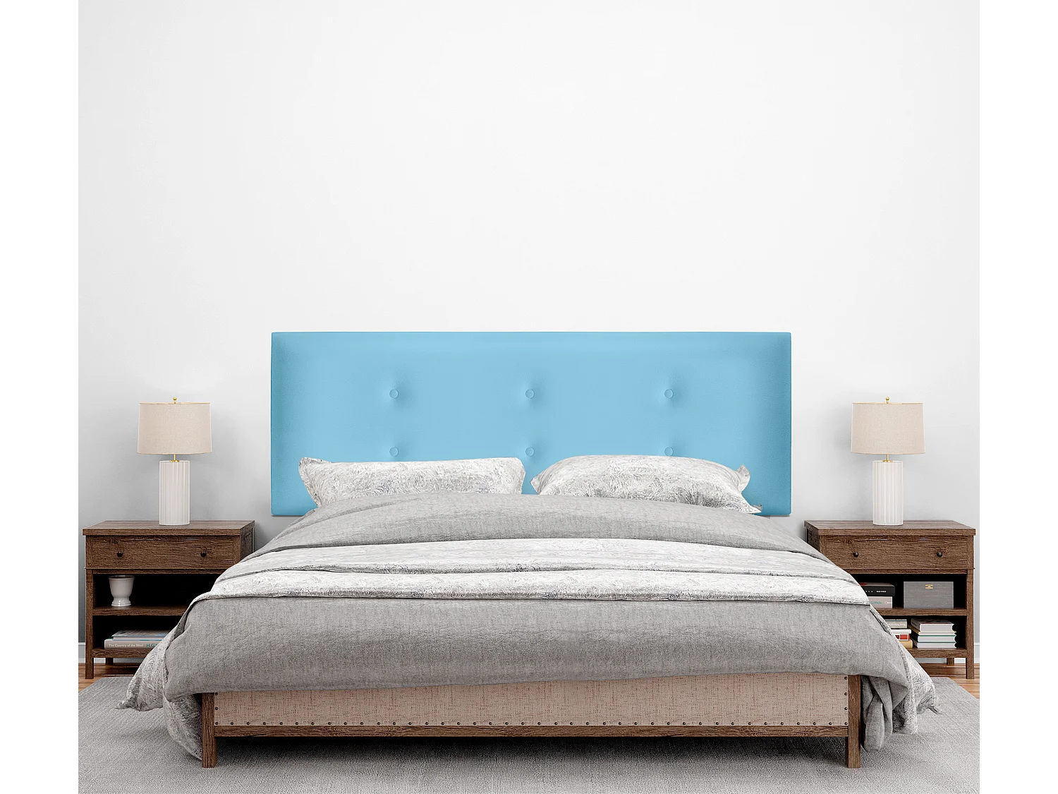 DHOME Tête de lit similicuir avec 2 rangées de boutons 150x105cm avec pieds Lits 150 - Bleu Ciel