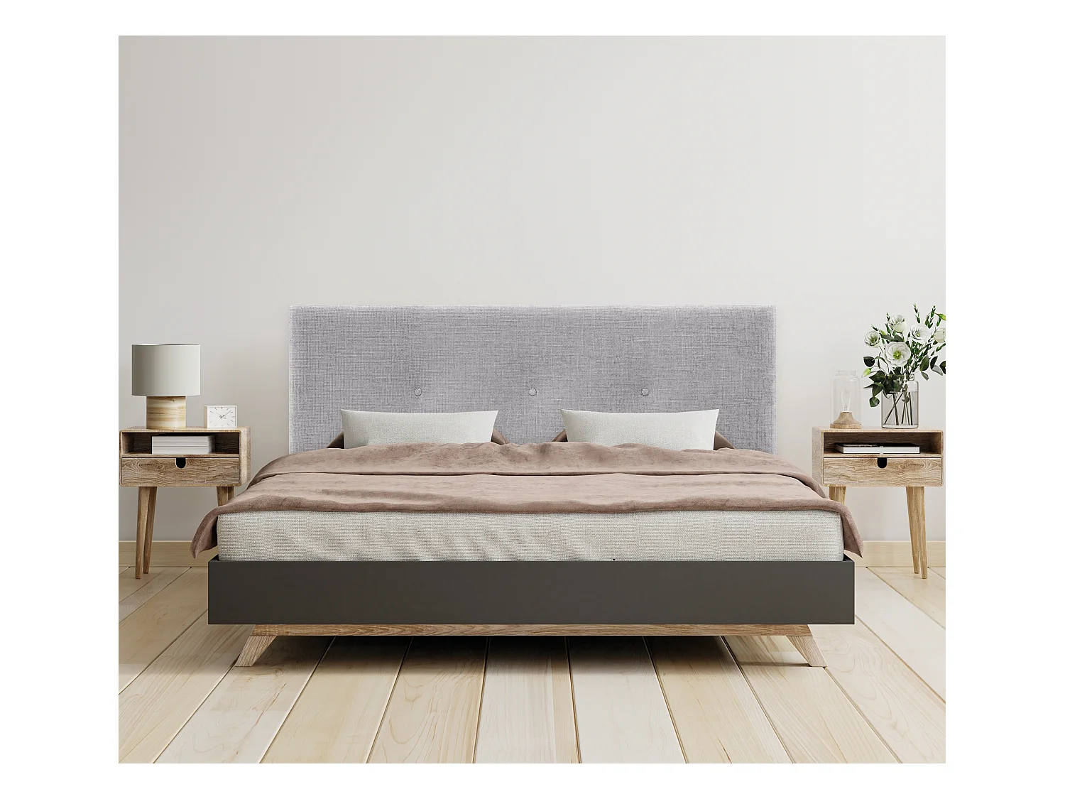 DHOME Tête de lit en laine naturelle avec Boutons 135x105cm avec pieds Lits 120/135 - Gris clair