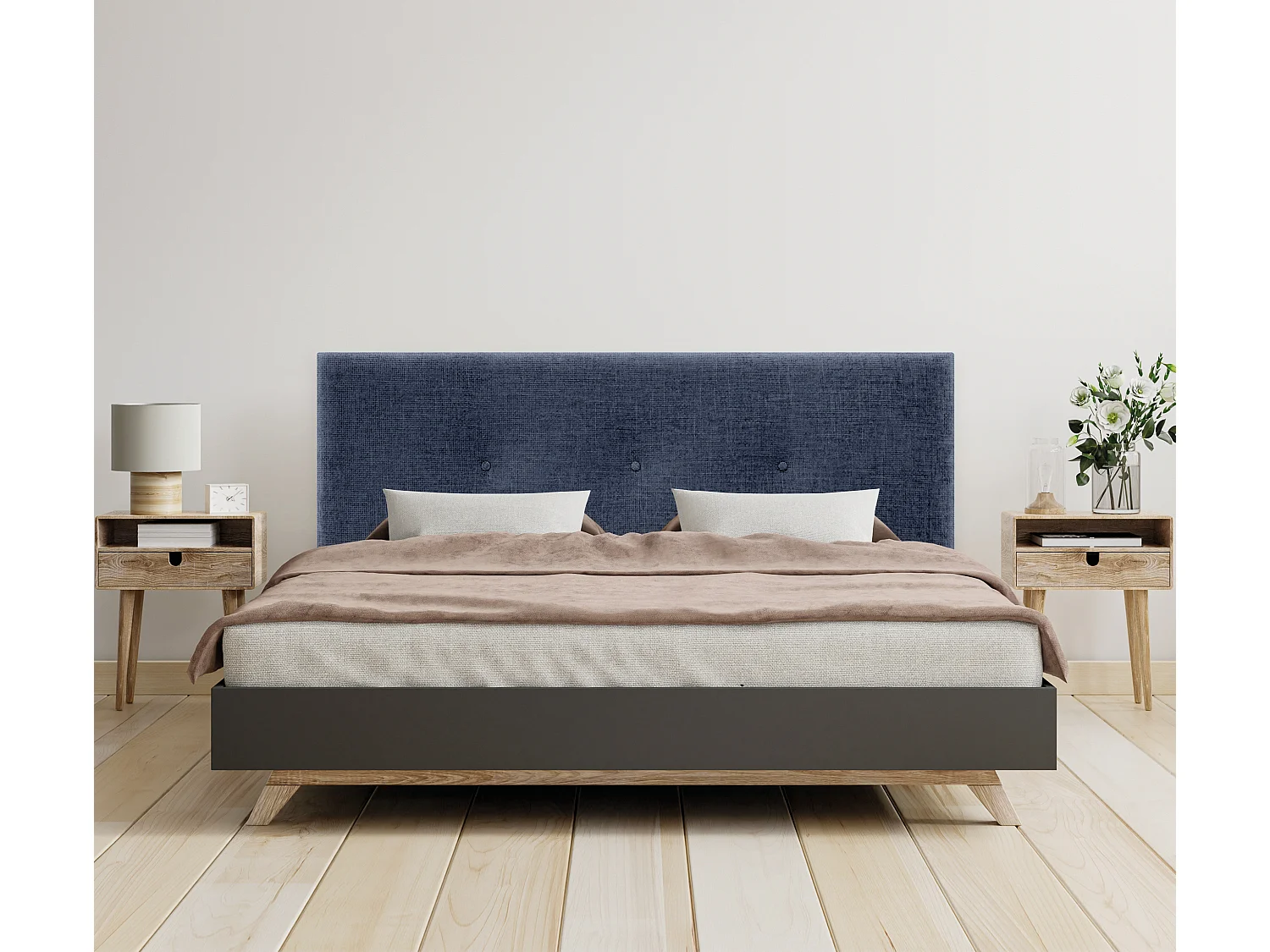 DHOME Tête de lit en laine naturelle avec Boutons 135x105cm avec pieds Lits 120/135 - Bleu