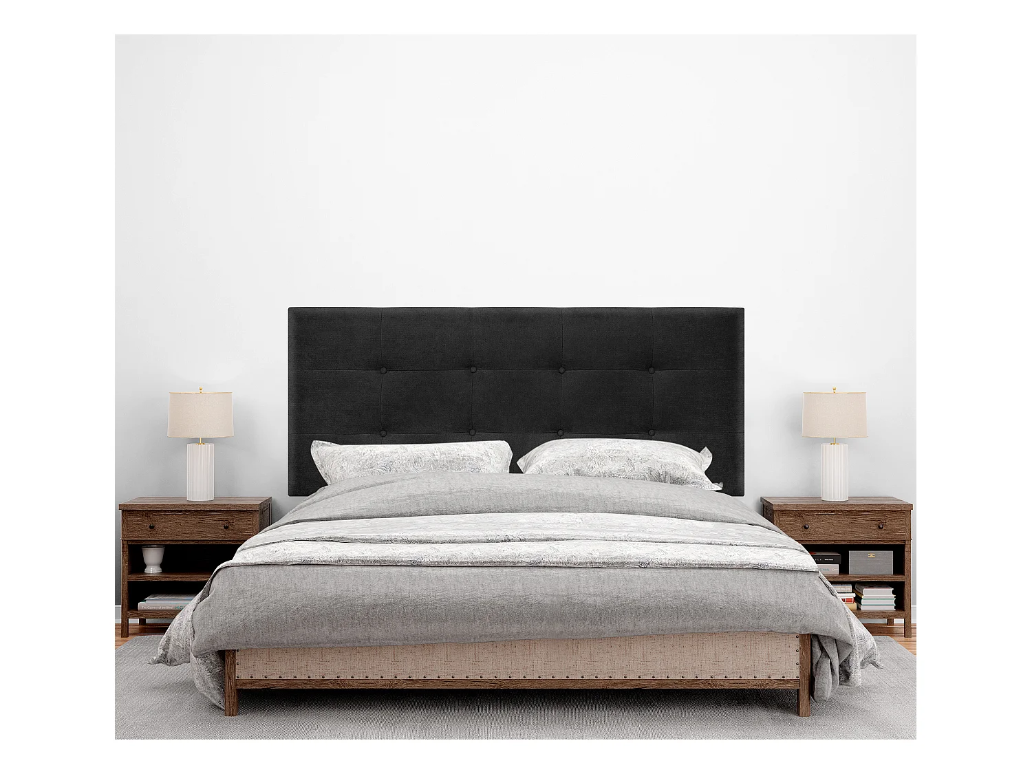 DHOME Tête de Lit en Tissu Aqualine Capitonné 145x115cm avec Pieds Lits 135/140 - Noir