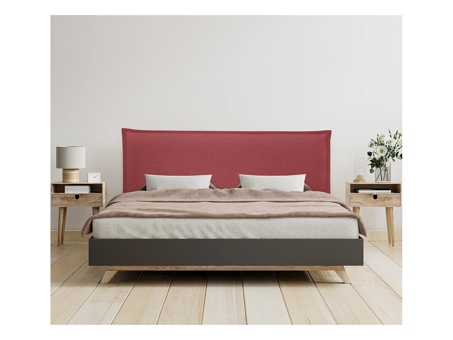 DHOME Tête de lit en lin naturel lisse avec garniture 145x105cm avec pieds Lits 135/140 - Rouge