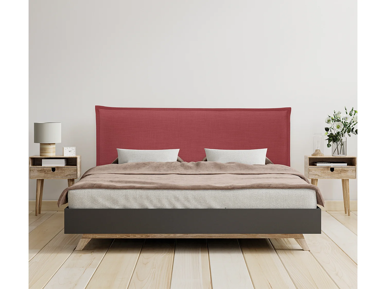 DHOME Tête de lit en lin naturel lisse avec garniture 145x105cm avec pieds Lits 135/140 - Rouge