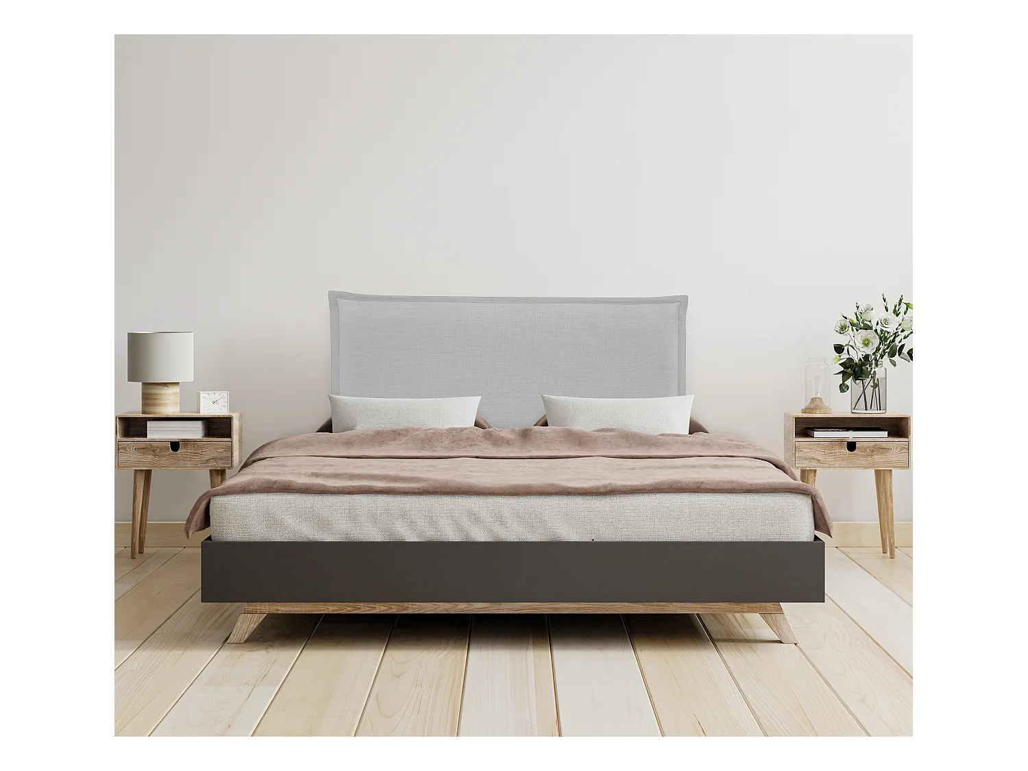 DHOME Glad natuurlijk linnen hoofdeinde met bies 95x105cm met bedpoten 90 - Lichtgrijs