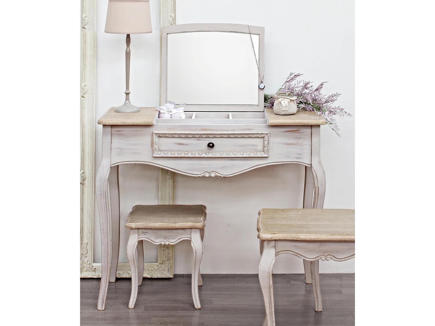 Console coiffeuse en bois de paulownia beige 3 tiroirs Jara 90cm