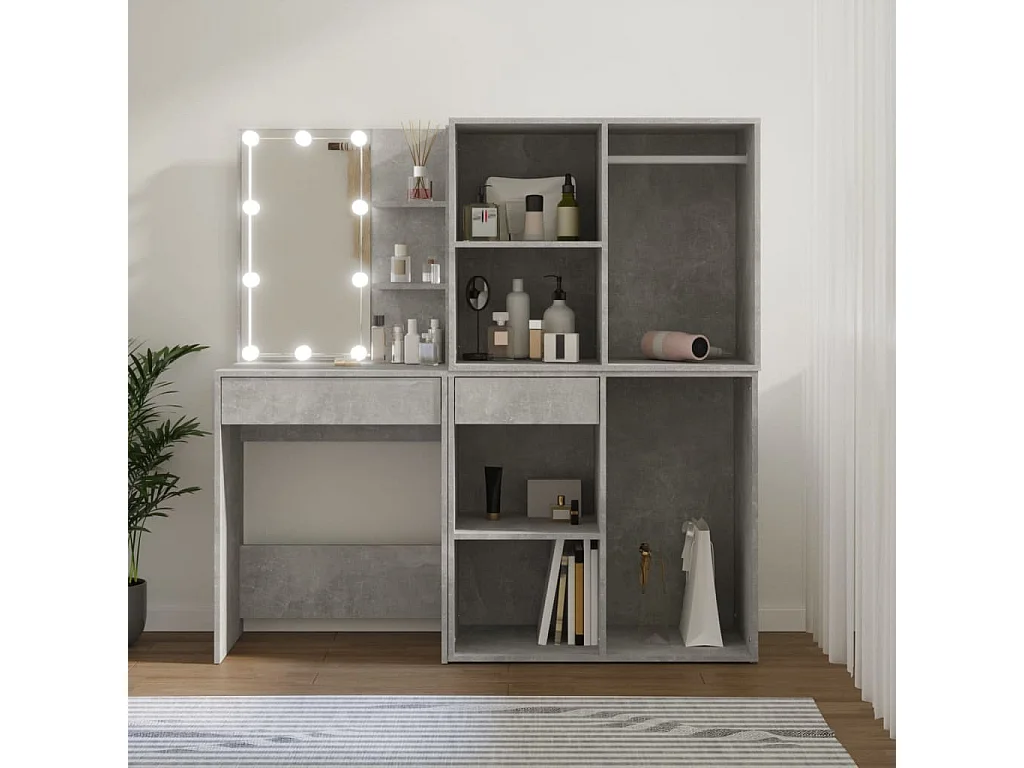Coiffeuse à LED avec 2 armoires Gris béton Bois d'ingénierie