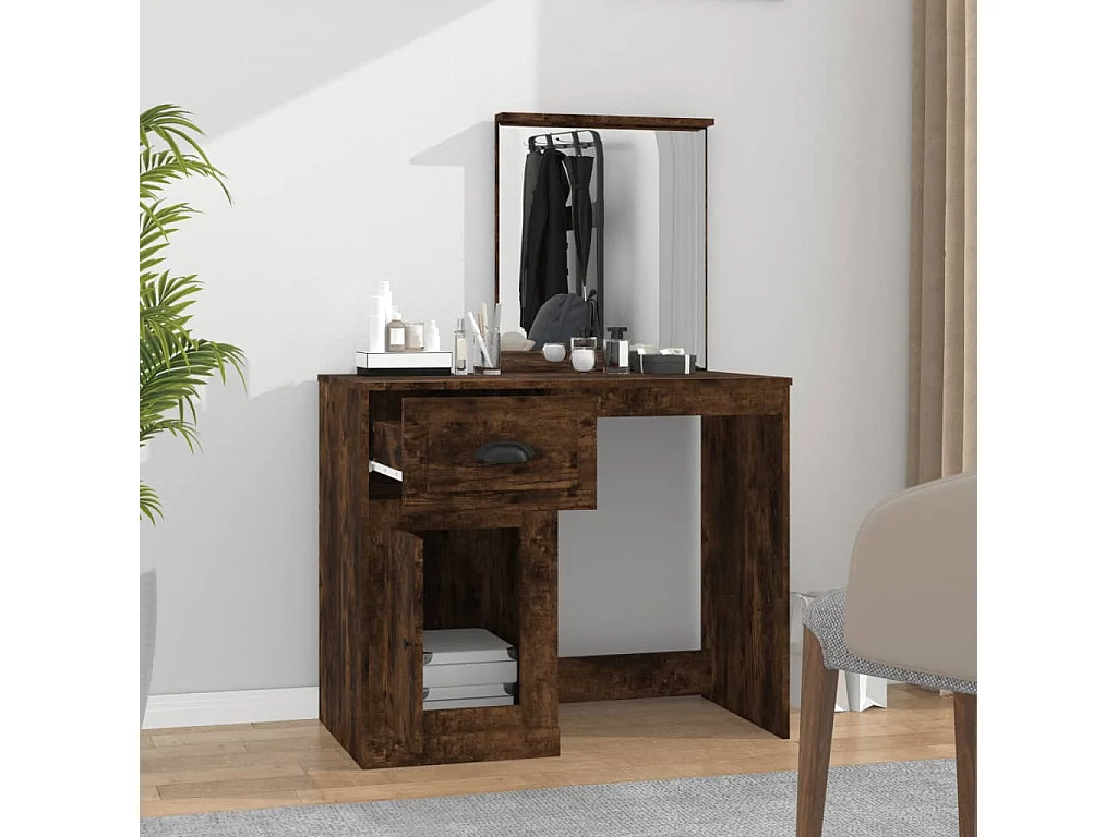 Coiffeuse et miroir chêne fumé 90x50x132,5 bois d'ingénierie