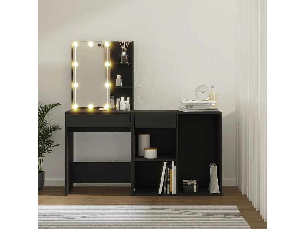 Coiffeuse à LED avec armoire noir bois d'ingénierie