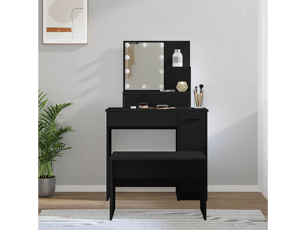 Ensemble de coiffeuse avec LED Noir Bois d'ingénierie