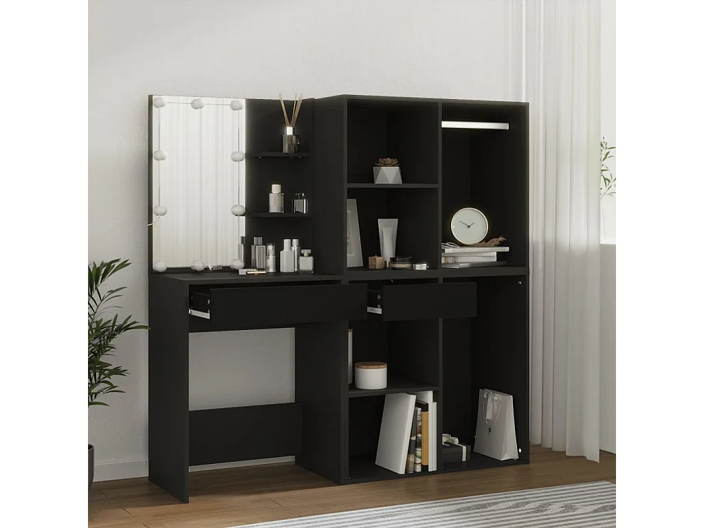 Coiffeuse à LED avec armoires noir bois d'ingénierie