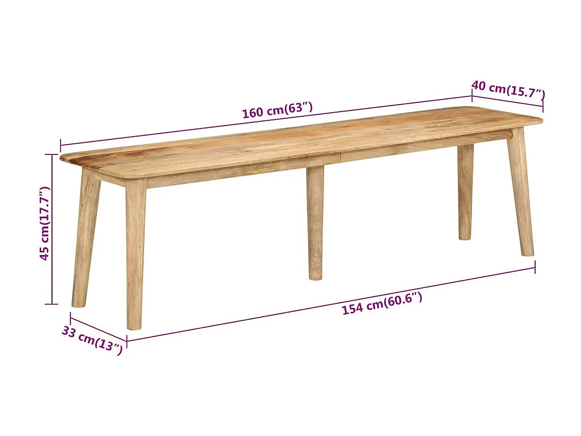 Banc 160x40x45 bois massif de manguier