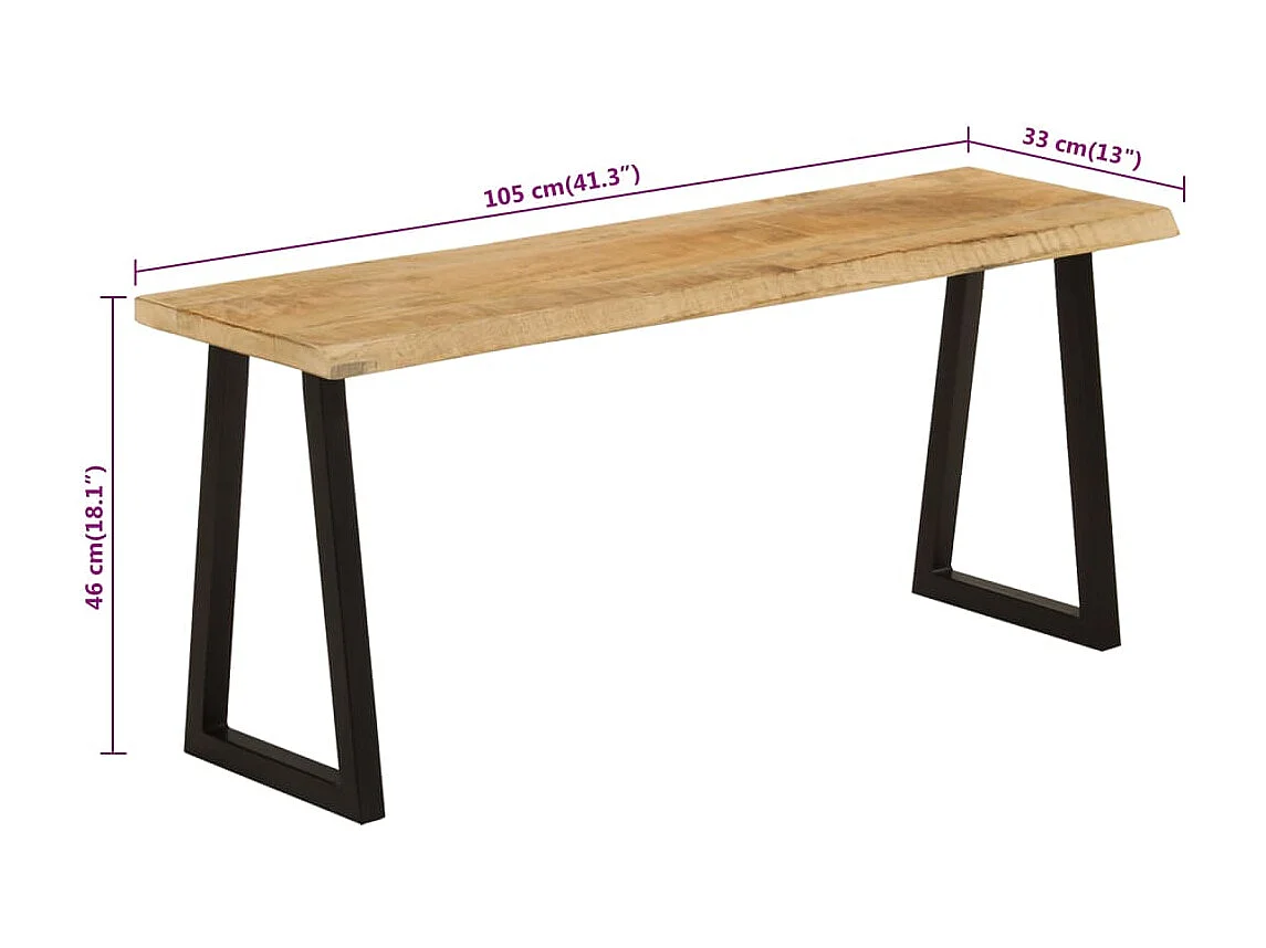 Banc avec bord vivant 105cm bois de manguier massif