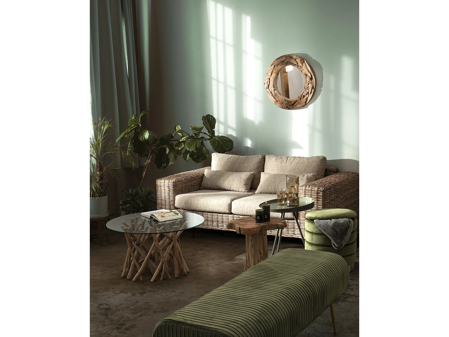 Banc en bois MDF et polyester vert olive Solene L 129cm