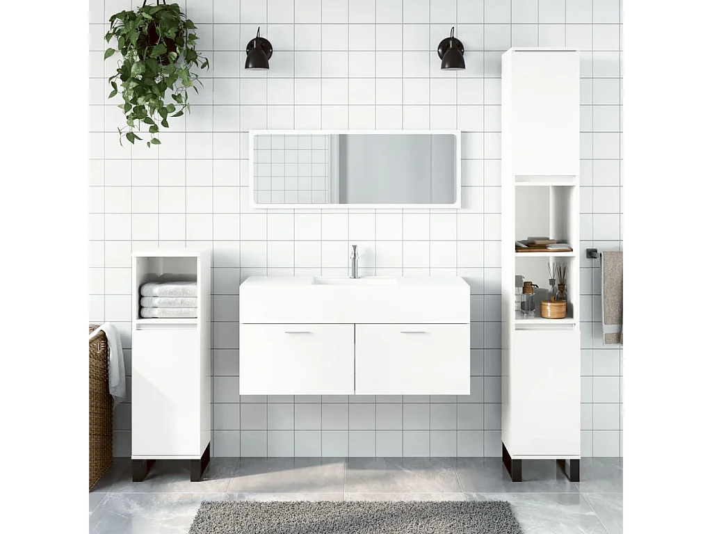 Armoire de bain avec miroir blanc brillant bois d'ingénierie