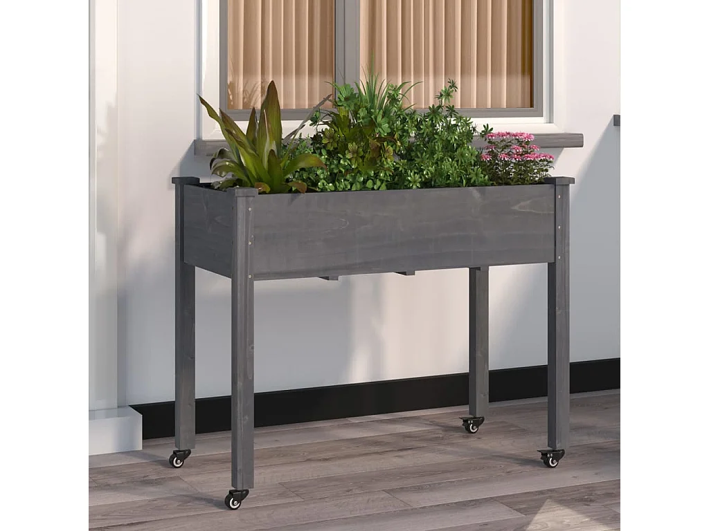 Jardinière sur roues avec doublure gris 118x59x80 bois sapin