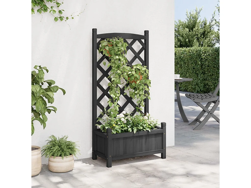 Jardinière avec treillis noir bois massif de sapin