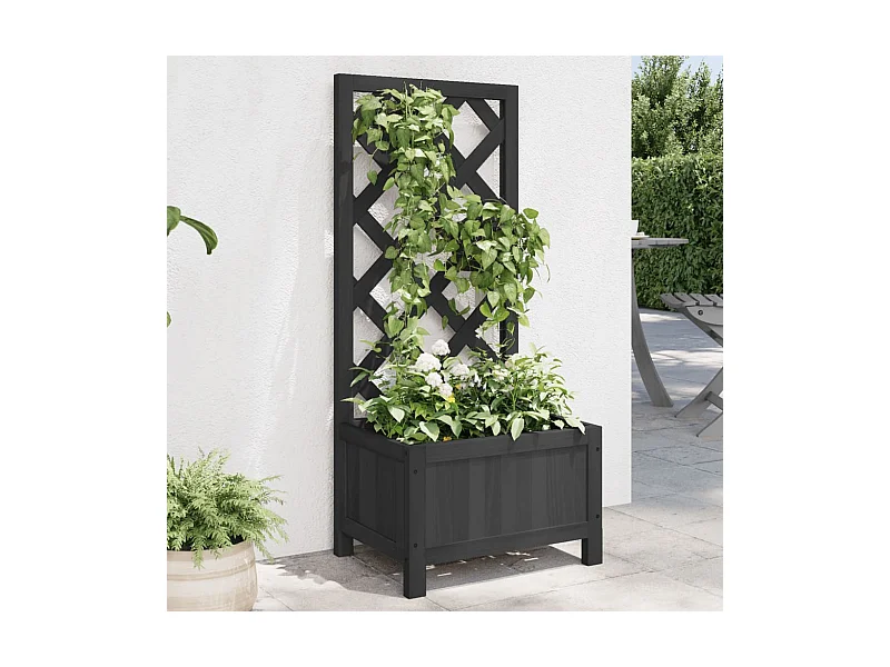 Jardinière avec treillis noir bois massif de sapin