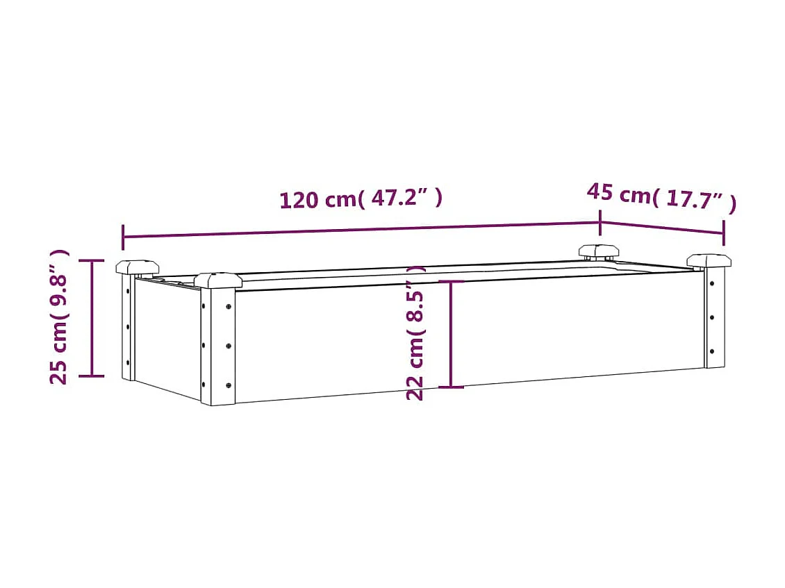 Lit surélevé de jardin doublure 120x45x25 bois massif sapin