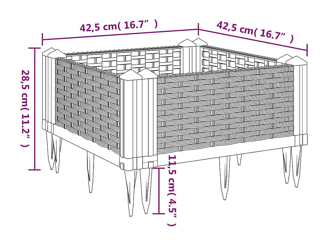Jardinière avec piquets noir 42,5x42,5x28,5 PP