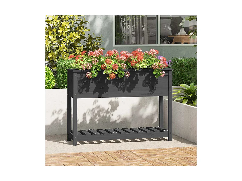 Jardinière avec étagère Gris 111,5x34,5x81 Bois massif de pin