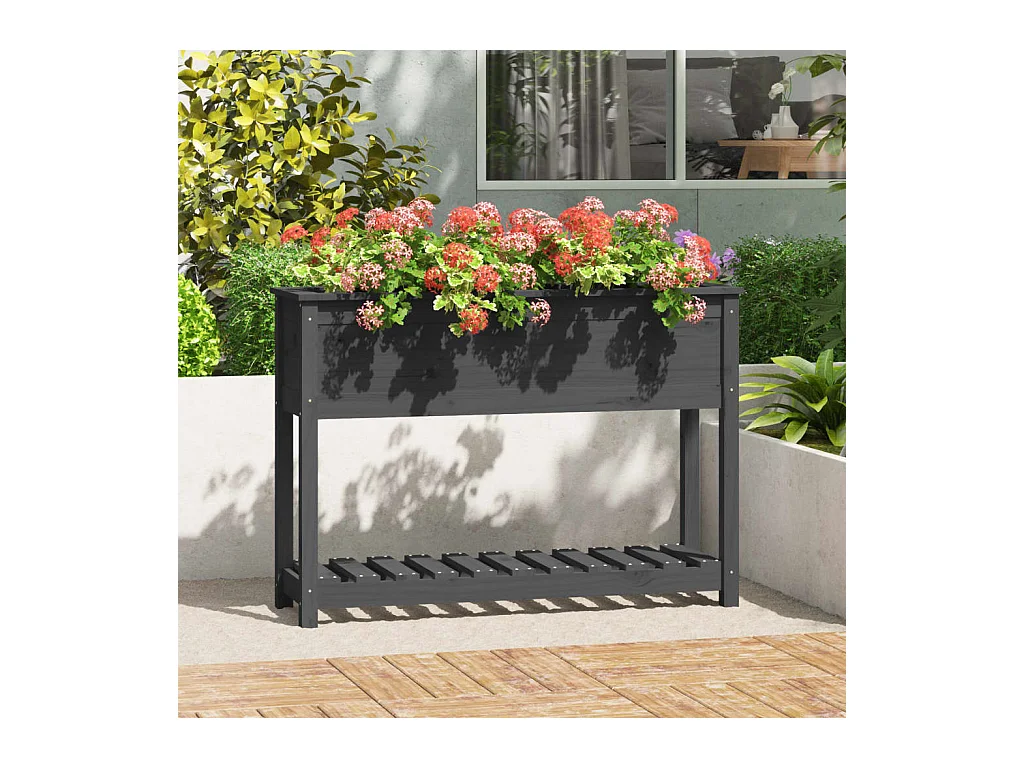 Jardinière avec étagère Gris 111,5x34,5x81 Bois massif de pin