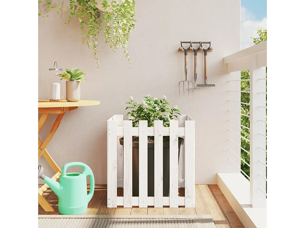 Jardinière avec design de clôture blanc 60x60x60 pin massif