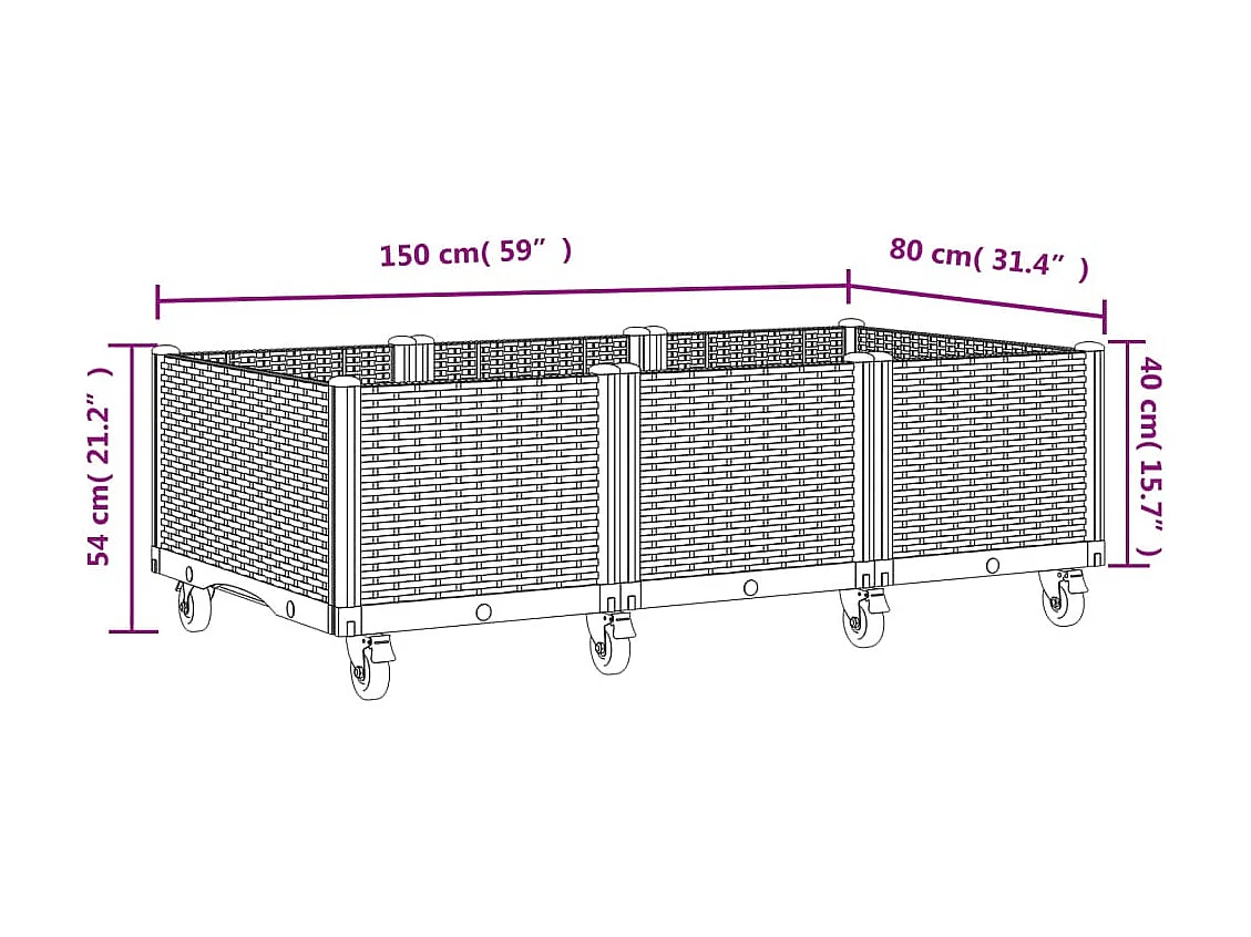 Jardinière à roulettes gris clair 150x80x54 PP