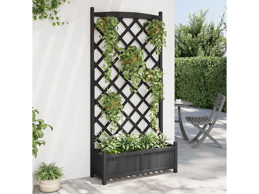 Jardinière avec treillis noir bois massif de sapin