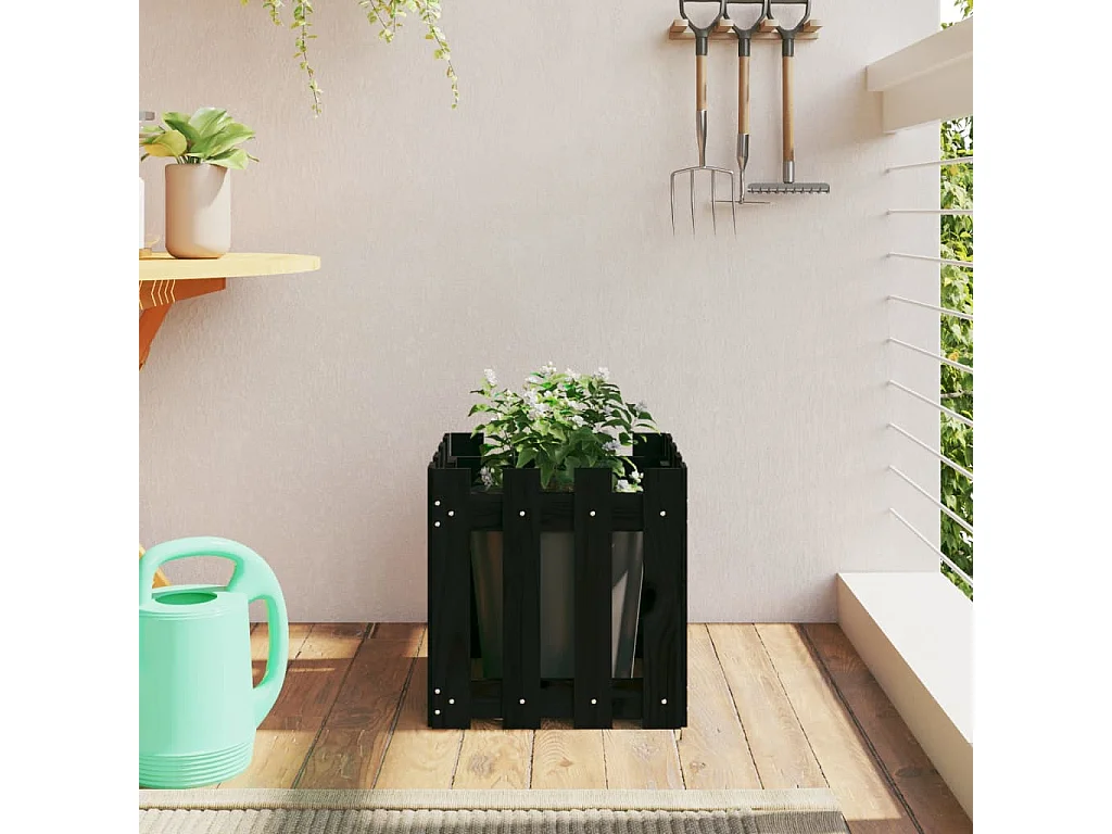 Jardinière avec design de clôture noir 40x40x40 pin massif