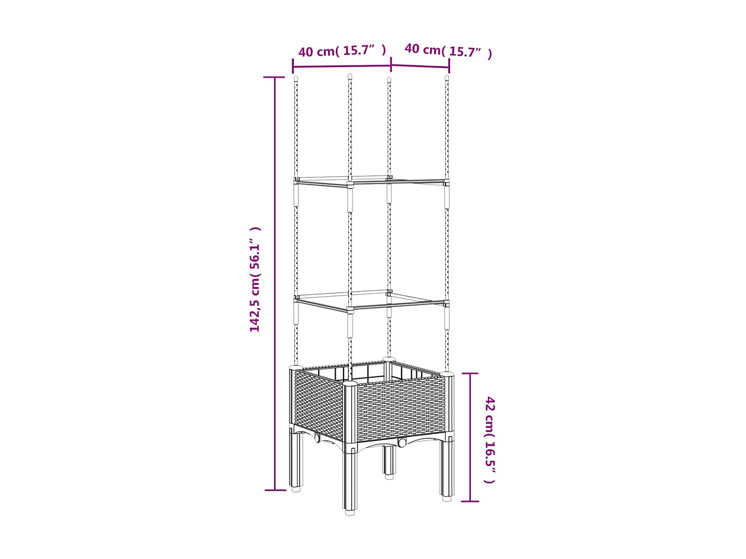 Jardinière avec treillis noir 40x40x142,5 PP