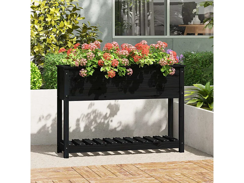 Jardinière avec étagère Noir 111,5x34,5x81 Bois massif de pin