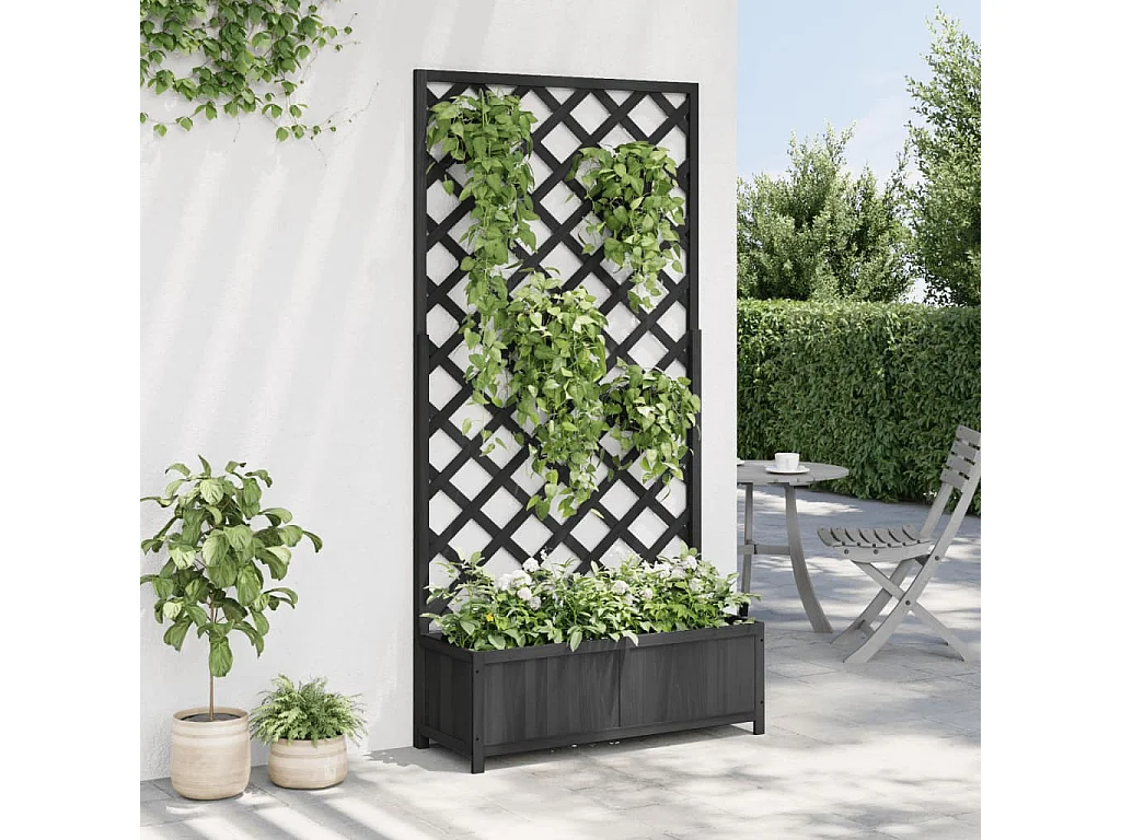 Jardinière avec treillis noir bois massif de sapin