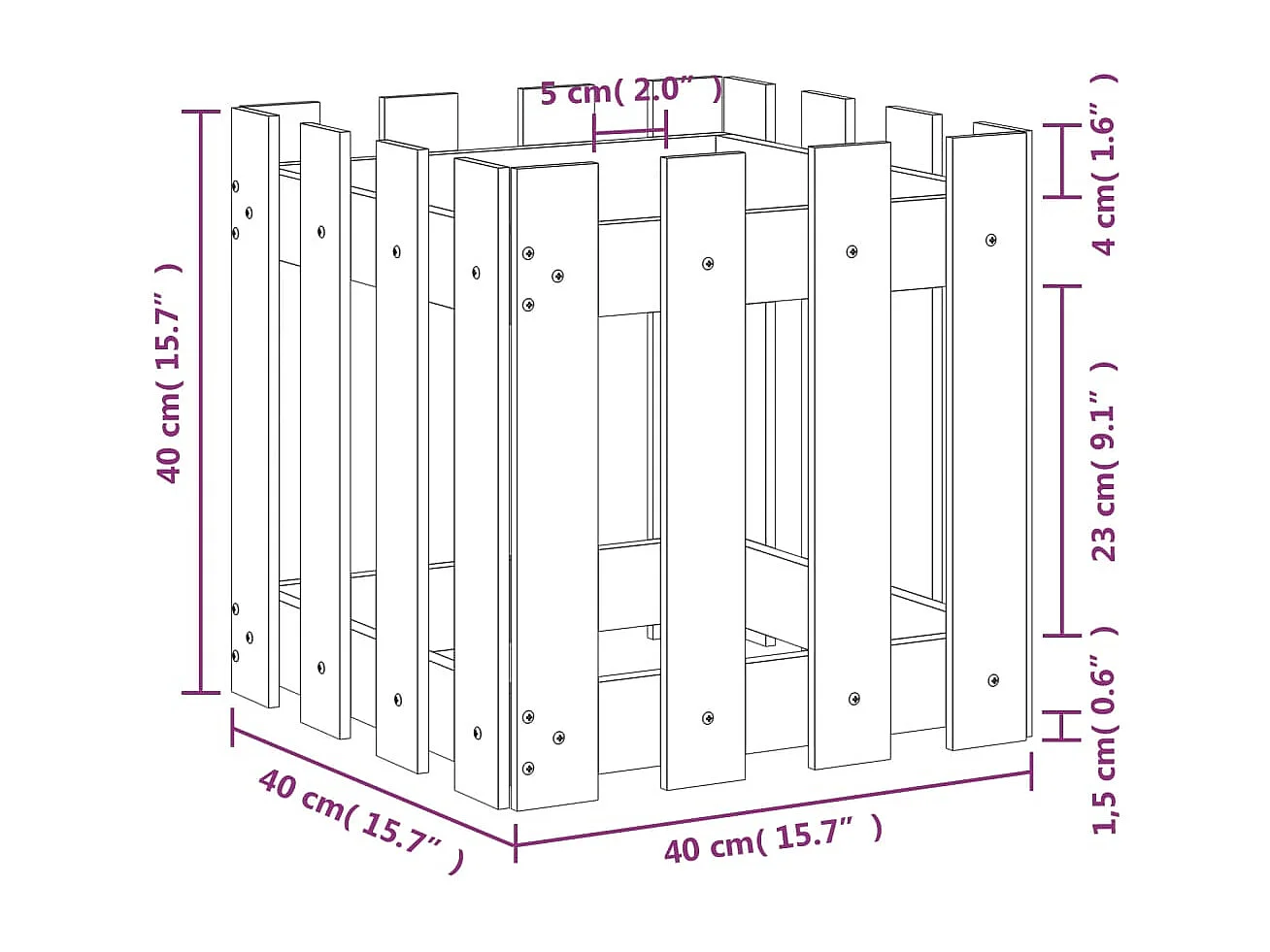 Jardinière avec design de clôture blanc 40x40x40 pin massif