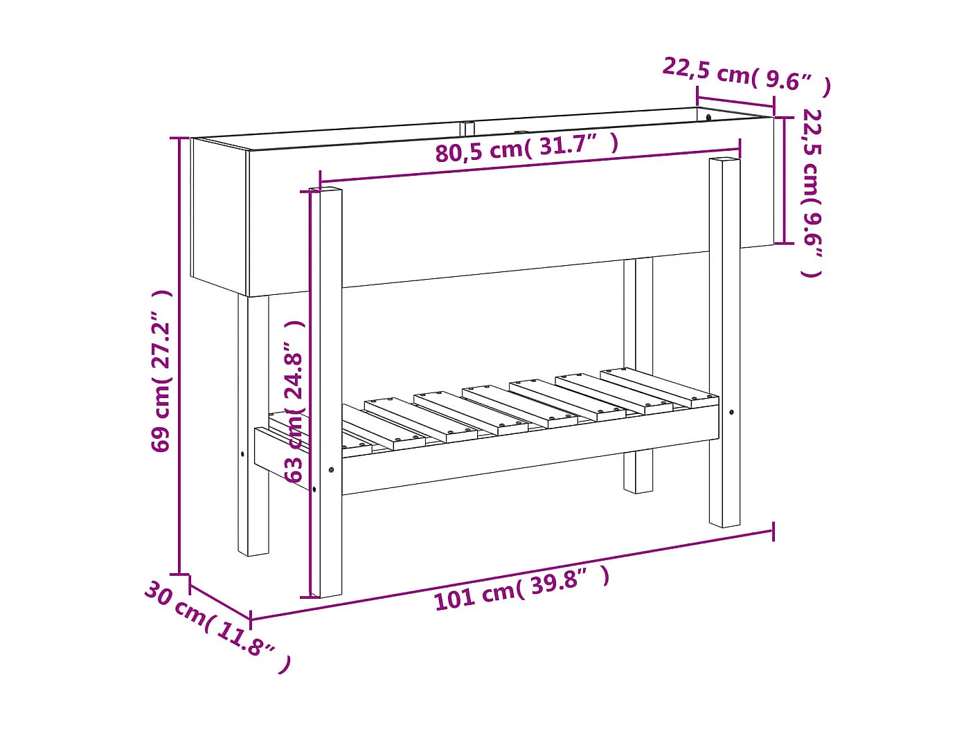 Lit surélevé de jardin 101x30x69 bois de pin massif